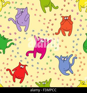 Amusing color cats with traces of paws on seamless vector pattern Stock Vector