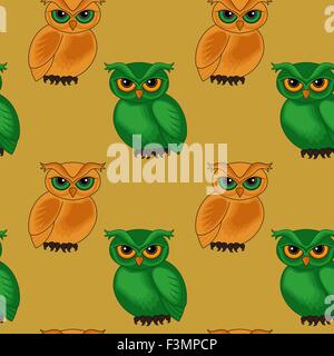 Seamless vector pattern with sympathetic green and orange cartoon owls on the brown background Stock Vector