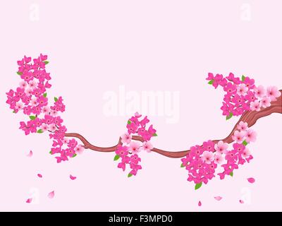 Blooming Sakura branch (Japanese cherry tree) on light pink background, hand drawing vector illustration Stock Vector