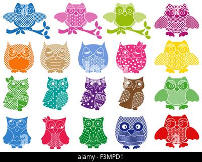 Set of nineteen colorful ornamental vector owl stencils isolated over white background Stock Vector