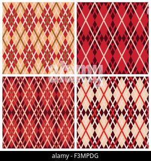 Set of four rhombic seamless vector patterns in red hues collected in one file, patterns in same as a Celtic tartan plaid Stock Vector