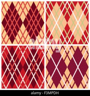 Four rhombic seamless vector patterns in red hues collected in one file, patterns in same as a Celtic tartan plaid Stock Vector