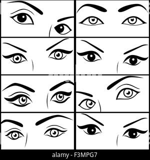 Eight pairs of female eyes, set of black vector outlines each separately isolated on the white backgrounds Stock Vector