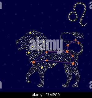 Zodiac sign Leo on a background of the starry sky with the scheme of stars in the constellation, vector illustration Stock Vector