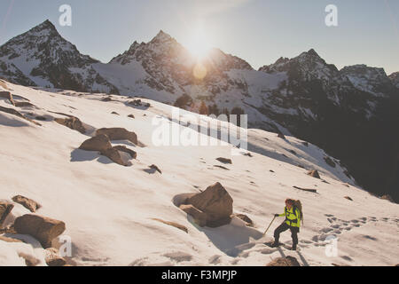 Snowshoeing on Canway Ridge with the Cheam Mountain Range in the background. Stock Photo