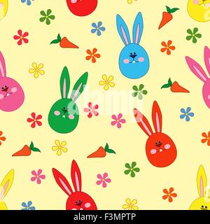 Easter seamless vector pattern with small rabbit faces, and carrots over yellow Stock Vector