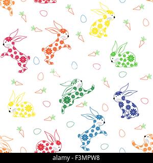 Seamless vector pattern with ornamental colorful Easter rabbits on a white background Stock Vector