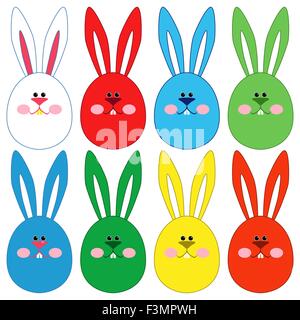 Eight stylized colorful Easter rabbit faces isolated on a white background, hand drawing vector illustration Stock Vector