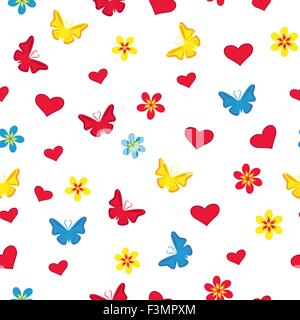Seamless pattern with hearts, flowers, butterflies and hearts on the white background Stock Vector