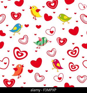 Seamless vector pattern with cute birds and different red Valentine hearts on the white background Stock Vector