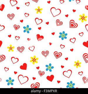 Seamless vector pattern with flowers and different red Valentine hearts on the white background Stock Vector