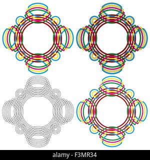 Four abstract colorful vector circular colorful forms same as a wicker pattern with different details in performance Stock Vector