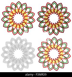 Four abstract colorful vector circular colorful shapes as a wicker patterns with different details in performance Stock Vector