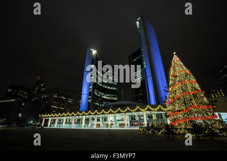 Toroto City Hall, illuminated in purple and decorated for the Christmas season. Stock Photo