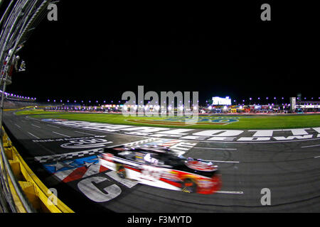Concord, NC, USA. 9th Oct, 2015. Concord, NC - Oct 09, 2015: Austin Dillon (33) crosses the line to win the Drive for the Cure 300 at Charlotte Motor Speedway in Concord, NC. Credit:  csm/Alamy Live News Stock Photo