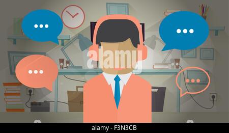 Call center operator in the office. Vector illustration in flat style. Communication concept. Man with headset. Stock Vector