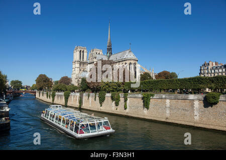 Basilica Notre Dame,  Ile de la Cite, Paris ,with Bateau Mouche sighteseeing launch .  France Stock Photo
