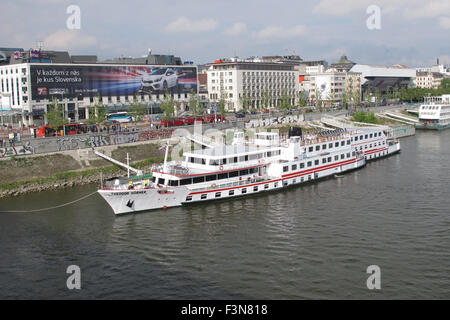 Danube river cruise ships docking in the Bratislava riverside, Slovakia Stock Photo