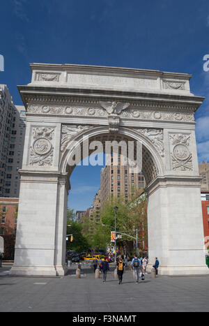 Washington Arch is a marble triumphal arch in Washington Square Park in the Greenwich Village neighborhood of Lower Manhattan Stock Photo