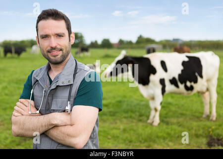 View of a young attractive veterinary in a pasture with cows Stock Photo
