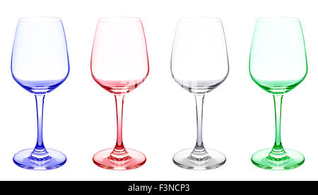 Very sharp image of empty wine glasses in various colors. Stock Photo
