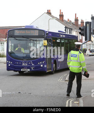 Gosport, Hampshire, UK. 10th Oct, 2015. Three people have been left injured, one seriously, after a crash between a bus and a car in Hampshire. Emergency services rushed to the scene of the crash, which happened at about 1pm on Priory Road, Gosport. An off duty nurse helped to care for two of the injured before the arrival of the emergency services South Central Ambulance sent a rapid response vehicle and an ambulance crew to the incident and a spokeswoman said three people were being treated at the scene. Credit:  uknip/Alamy Live News Stock Photo