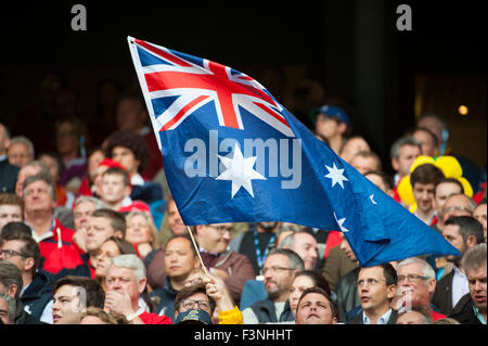 Twickenham Stadium, London, UK. 10th October, 2015. Australian fans watch Australia v Wales Pool A match of the Rugby World Cup 2015. Credit:  sportsimages/Alamy Live News Stock Photo