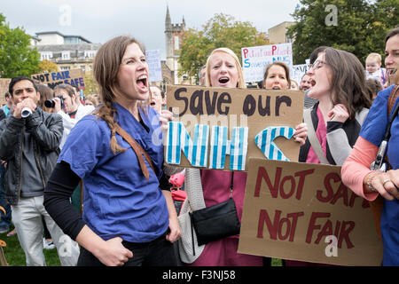 Bristol, UK, 10th October, 2015. NHS staff and members of the public are pictured at a 'save our NHS' protest in Bristol,the march and rally was held to allow people to show their opposition to the new junior doctor contracts,they feel that the new contract will be a disaster for the NHS. Credit:  lynchpics/Alamy Live News Stock Photo