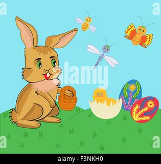 Easter bunny and chicken with Easter eggs on green grass. Cartoon vector illustration Stock Vector