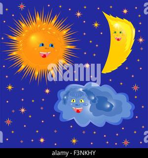 Smiling sun and moon cartoon Vector illustration. Golden crescent ...