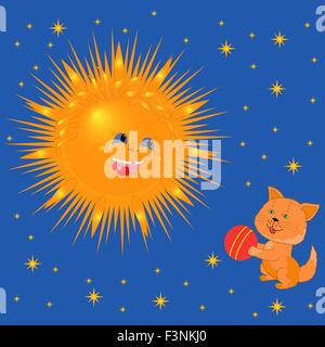 Smiling Sun and Kitten with a ball against the sky. Hand Drawing Cartoon Vector Illustration Stock Vector