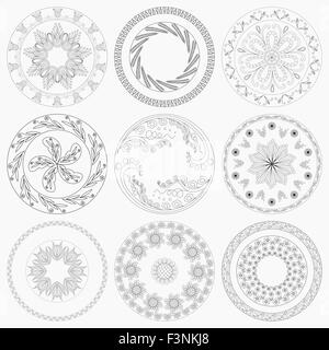 Set of nine different circular floral patterns for the ceramic dishes or other decoration. Editable hand drawing vector illustra Stock Vector