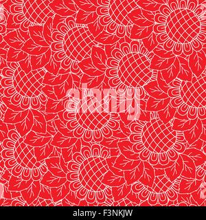 Sunflowers red and white seamless background. Hand drawing vector illustration Stock Vector