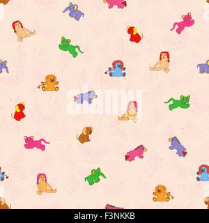 Seamless vector pattern of colorful cartoon toys. Pink background with butterflies can be used as a separate seamless pattern Stock Vector