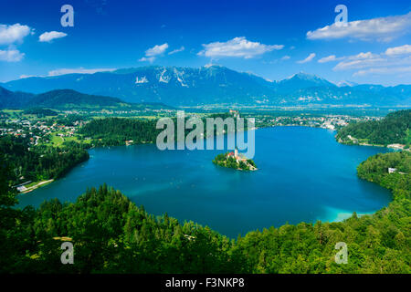 Panoramic view of Lake Bled in summer, Slovenia, Europe Stock Photo