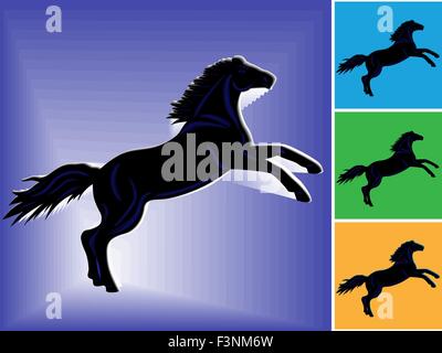 Symbol of 2014 black horse with dark blue stripes on blue and other backgrounds, hand drawing vector illustration Stock Vector