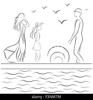 Family at sea pier at sunset, hand drawing black and white vector illustration Stock Vector