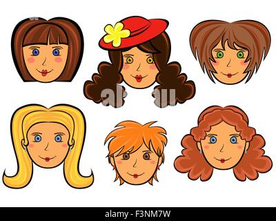 Set with six funny women faces on white background, hand drawing cartoon vector illustration Stock Vector