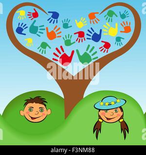 Face of a boy and a girl under the stylized tree with a crown in the shape of heart and with many prints of hands and feet. Hand Stock Vector