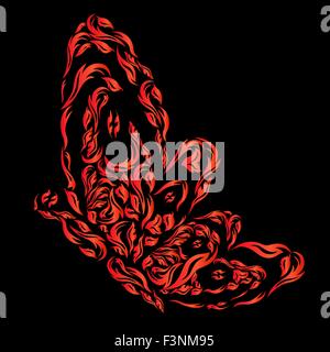 Red fiery butterfly on the black background, hand drawing stylized vector illustration Stock Vector