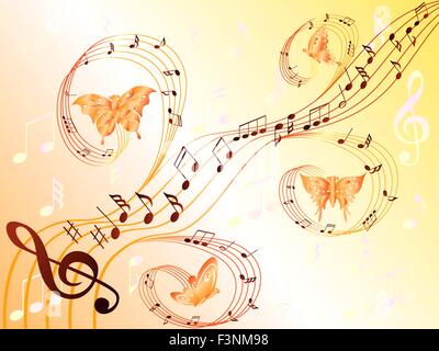Various musical notes on stave and butterflies flying along, hand drawing stylized vector illustration Stock Vector