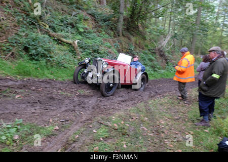 New Radnor, Powys, Wales - Saturday 10th October 2015 - The Vintage Sports Car Club ( VSCC ) hill climb trial challenge on The Smatcher a steep wooded hill just outside New Radnor. This Welsh Trial has been running since 1939. Competitors score points the further they drive up the steep hill with 25 points being awarded for reaching the top. The passenger act as 'bouncer' who bounces to help the car grip on the steep sections. Shown here is a 1930 MG 'M' Type. Stock Photo