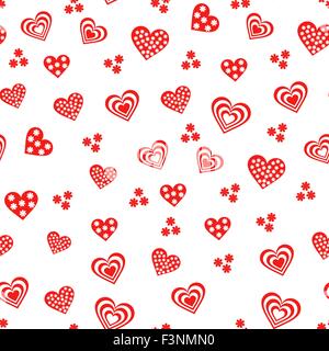 Seamless vector pattern with various red and white Valentine hearts on the white background Stock Vector