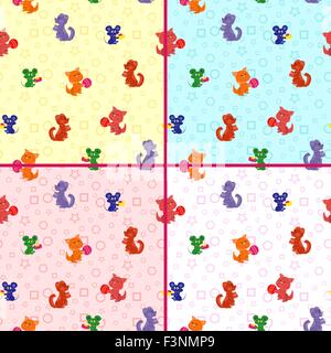 Four identical seamless vector patterns with cartoon cats, dogs and mouse on the geometrical background. Backgrounds can be used Stock Vector