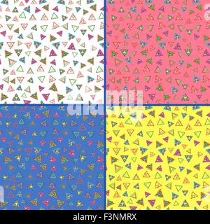Four identical seamless vector patterns with different colorful triangles Stock Vector