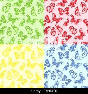 Four seamless colourful pattern with butterflies, hand drawing vector illustration Stock Vector