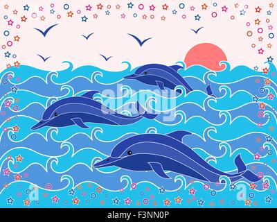 Three Dolphins in the sea waves at sunrise, hand drawing vector illustration Stock Vector