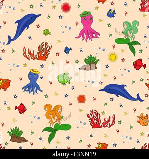 Marine life, hand drawing seamless vector illustration. Dolphin, mermaid, octopus, fishes, coral and seaweed on the seabed Stock Vector
