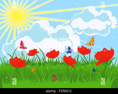 Meadow in early summer. Red flowering poppies and green grass against the sky with sun and clouds. Hand drawing vector illustrat Stock Vector