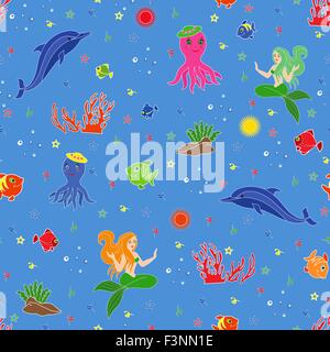 Underwater marine life. Dolphin, mermaid, octopus, fishes, coral and seaweed on the seabed. Hand drawing seamless vector illustr Stock Vector